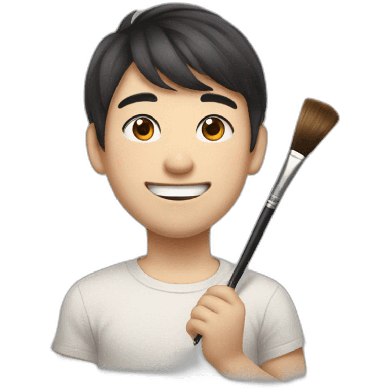 A slightly plump, round-faced, slightly droopy-eyed, cute, dark-haired Japanese brother who is smiling while holding a colored brush and graphite pencil emoji