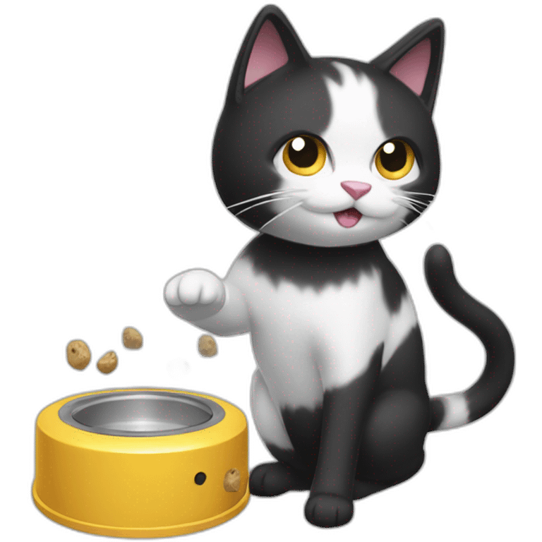 A black and white cat fighting with a pet feeder machine emoji