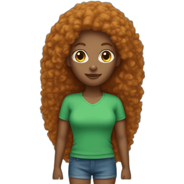 Ginger afro woman, green shirt, blue shorts emoji