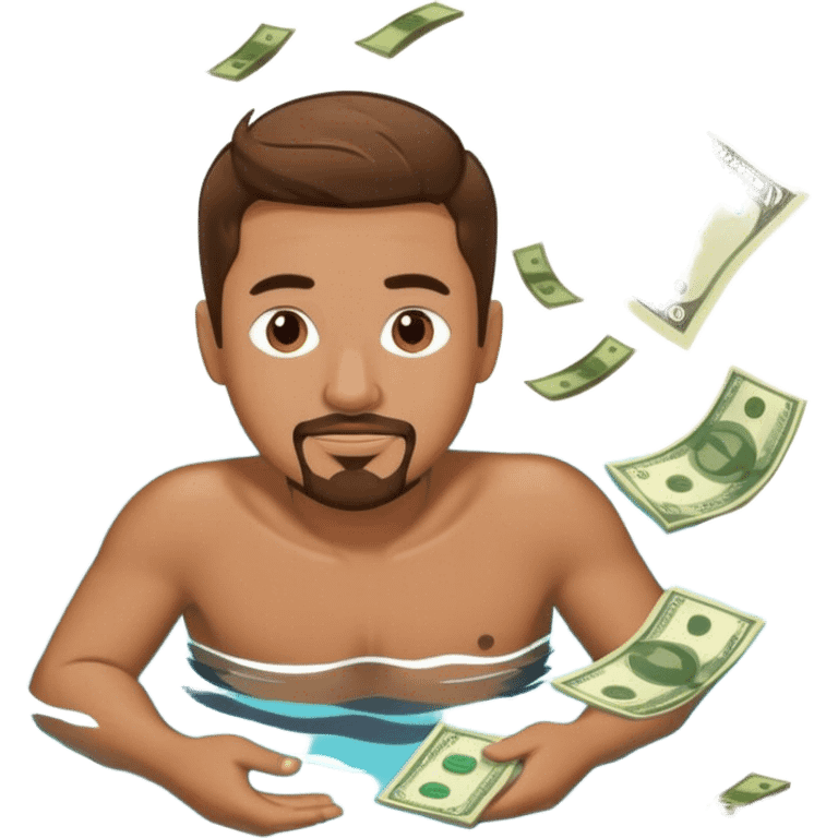 Man with short brown hair and goatee swimming in money  emoji