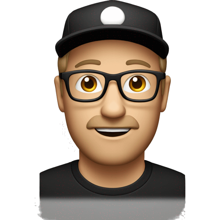 mid age white man in a white t-short, black cap with white dot on it, in black-framed square glasses, small brown beard, on a black background  emoji