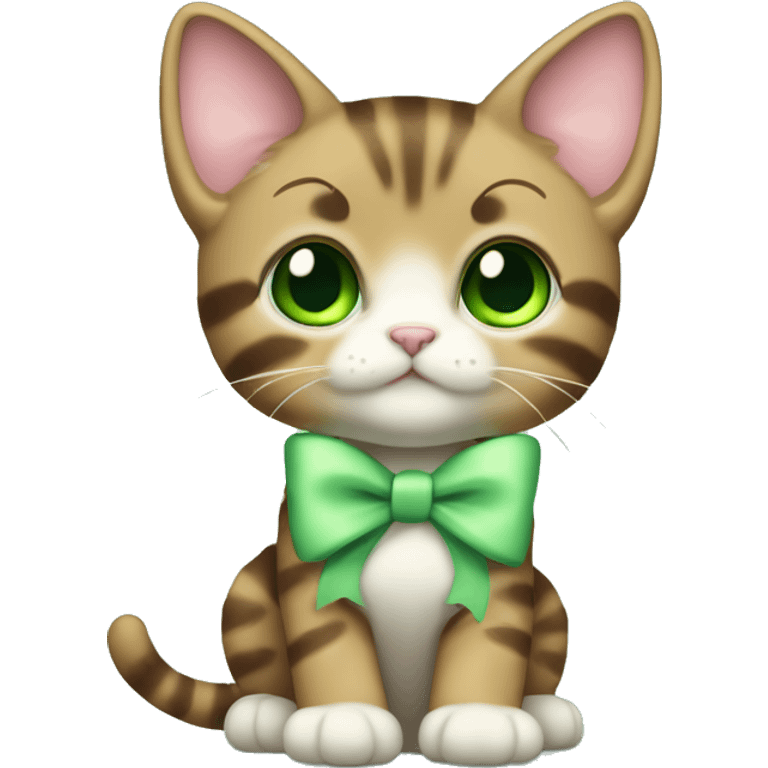 extremely cute kawaii brown tabby kitten with green eyes and pastel green bow full body emoji