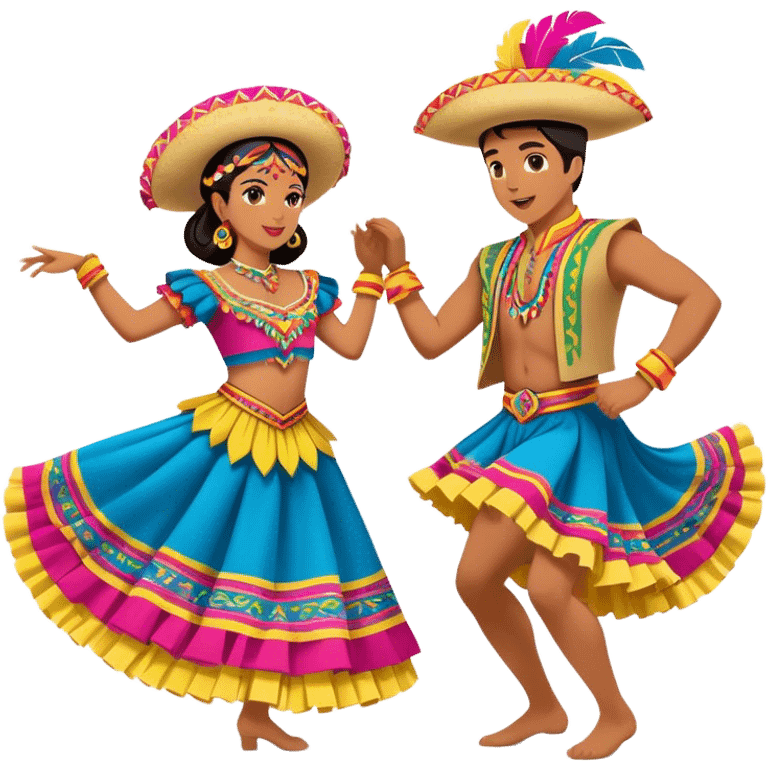 Cinematic Realistic scene of two dancers performing Cumbia, adorned in colorful traditional Colombian costumes with intricate details, captured in rhythmic motion with lively, festive lighting emoji