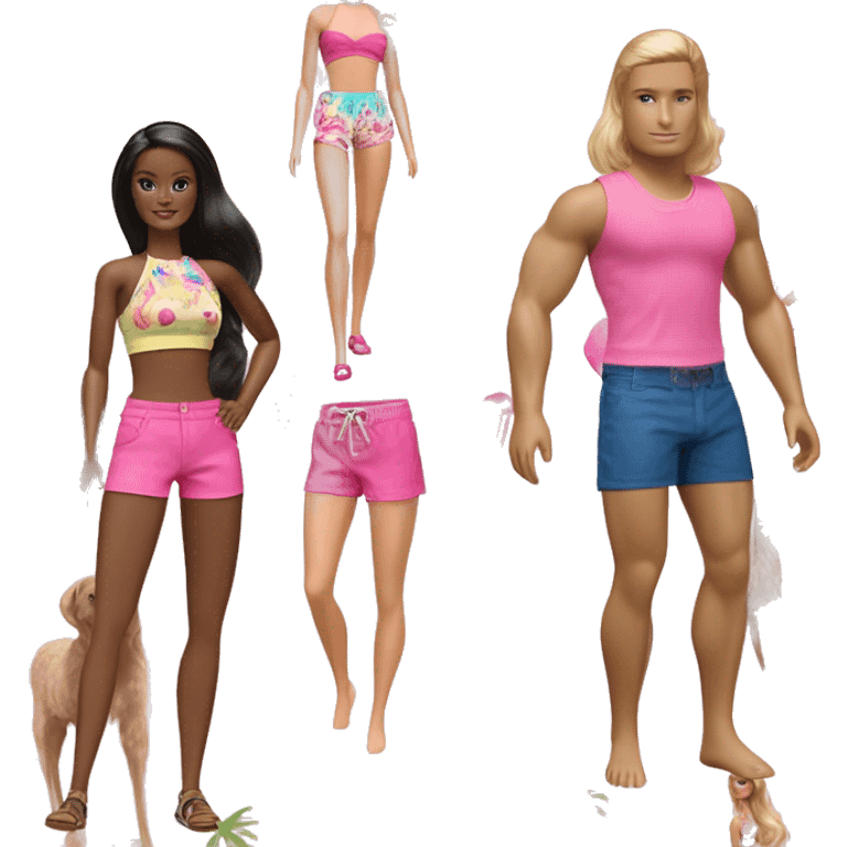 Brunette Barbie halter top with pink pants and Ken blonde flamingo surfer shorts emoji