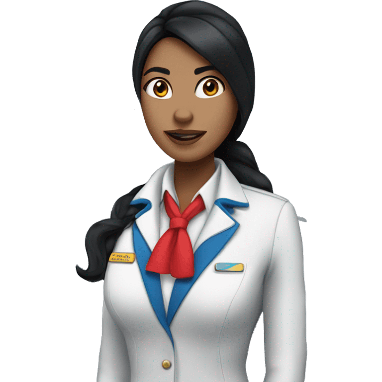 Flight attendant with long black hair, white skin and a blue uniform and a scarf emoji