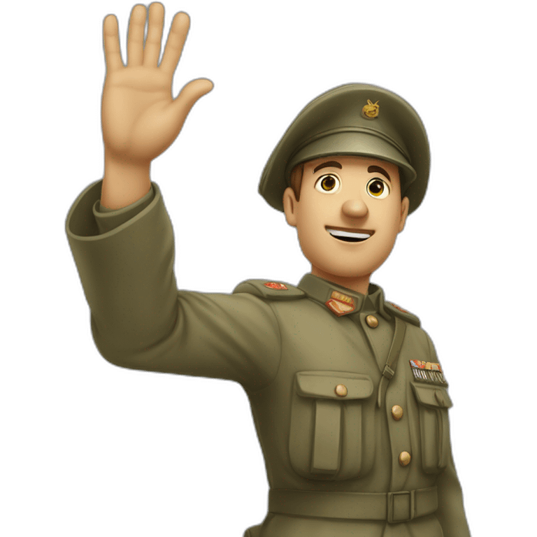 A man in a soldier suit from world war one raising their right hand vertically to around 45 degrees in the air. His arm is stretched out, not bent at all. and his face is shown emoji