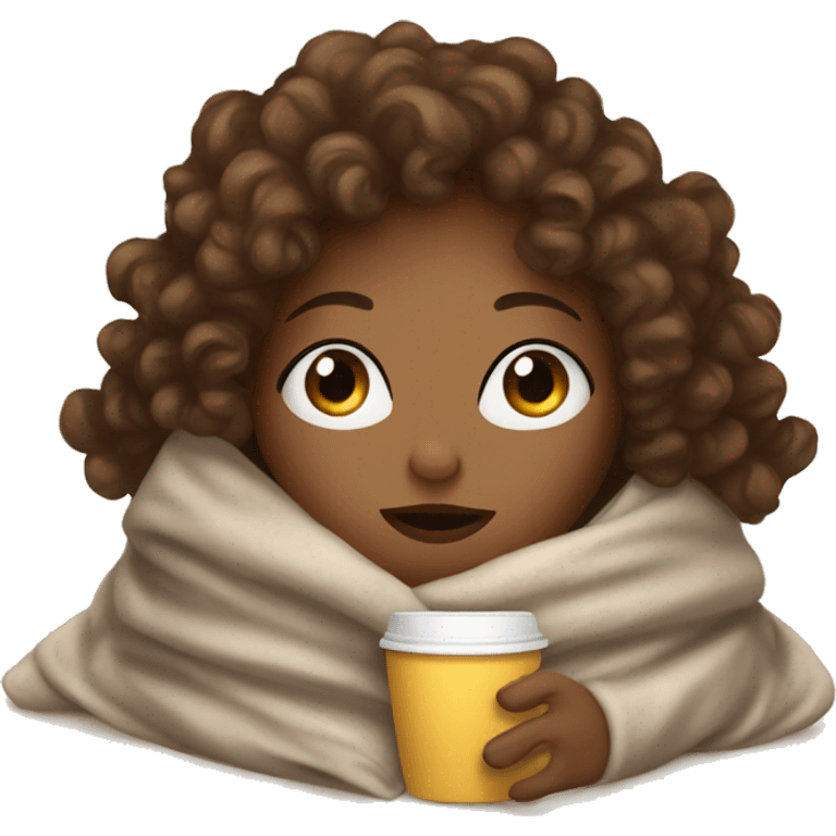 brown curly haired girl inside a blanket sipping coffee eyes closed emoji