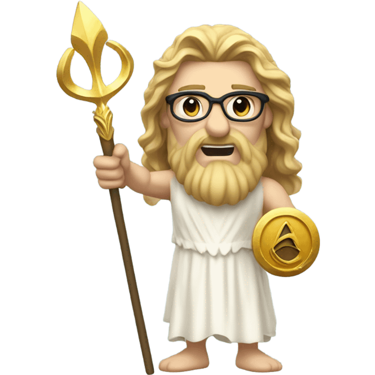 white Poseidon with gold Trident and nerd glasses. long hair white dress. smile . eye wink. point us with index emoji