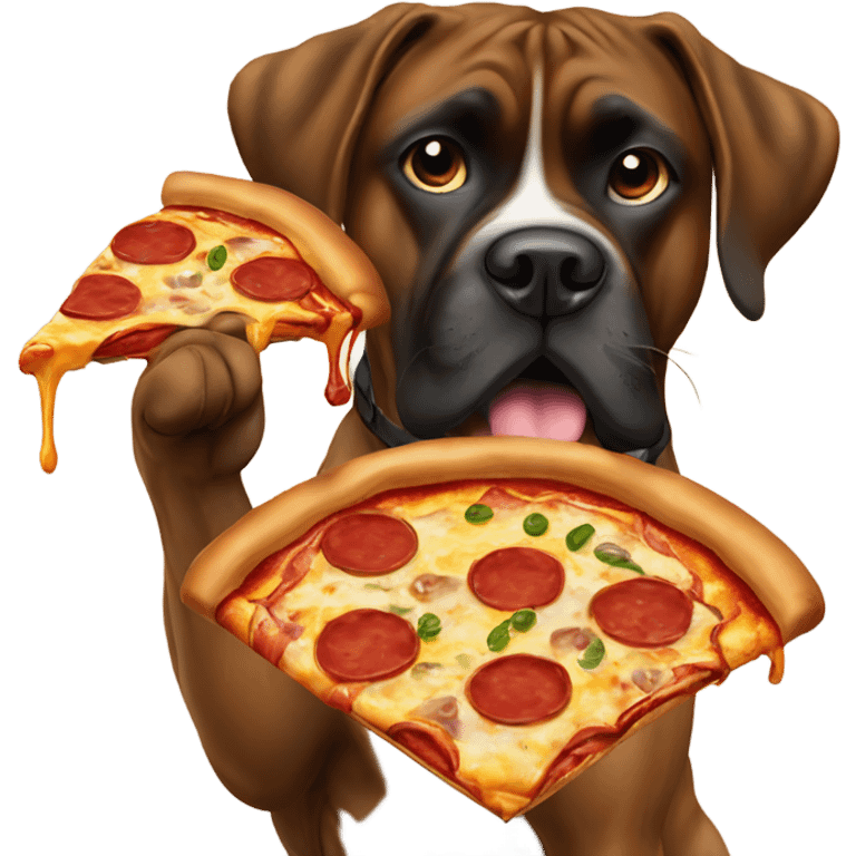 Brindle boxer eating pizza with a brown lab  emoji