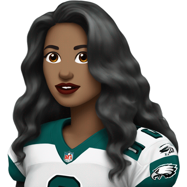 White female long dark hair red lips wearing Philadelphia Eagles jersey emoji