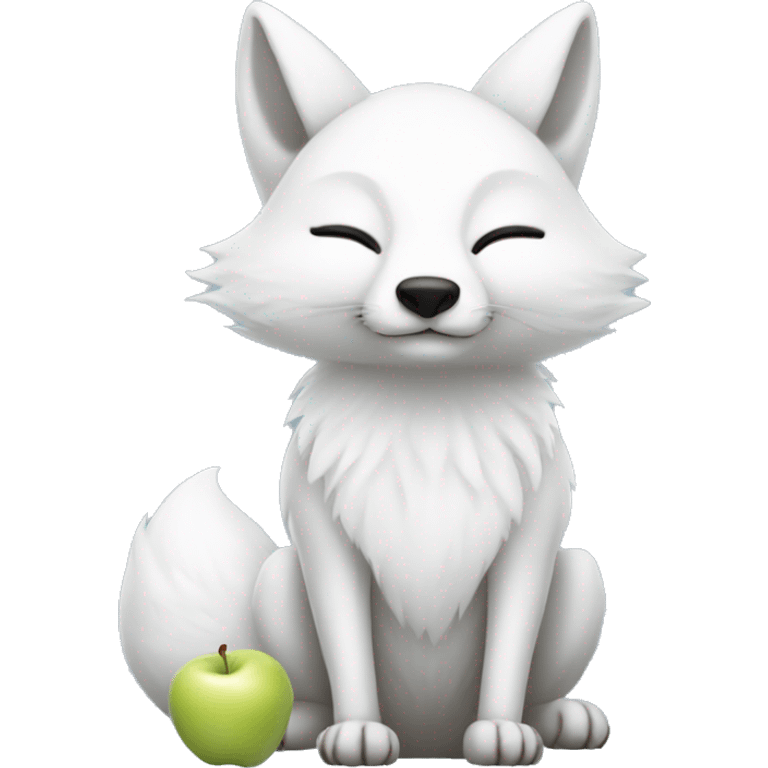 a full-body white fox with its eyes closed holding a white apple in its mouth emoji