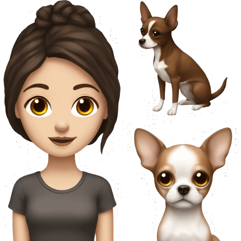 white girl with dark brown hair and freckles with a chihuahua emoji