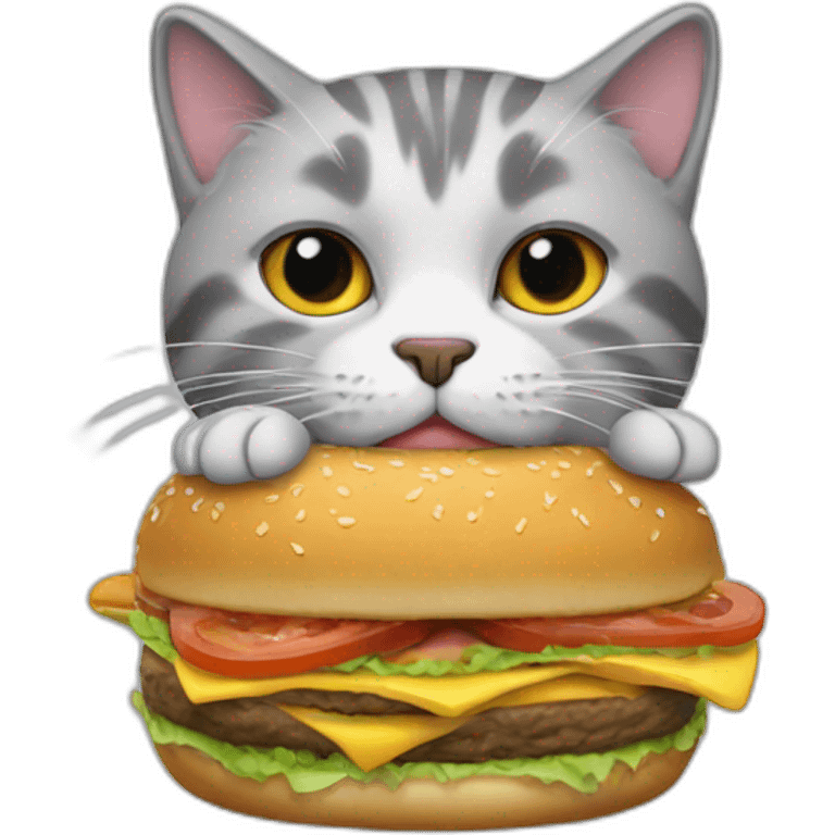 cat, with long gray furr, eats burger emoji