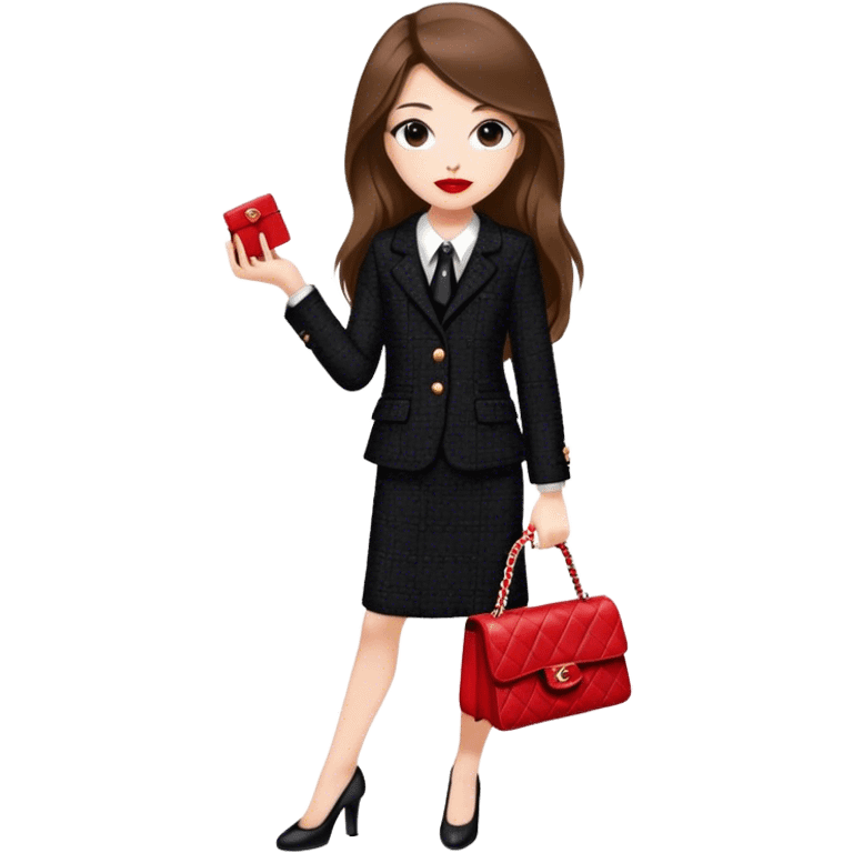 White girl with brown long hair dressed up in black chanel tweed suit with a red chanel bag and red lipstick emoji