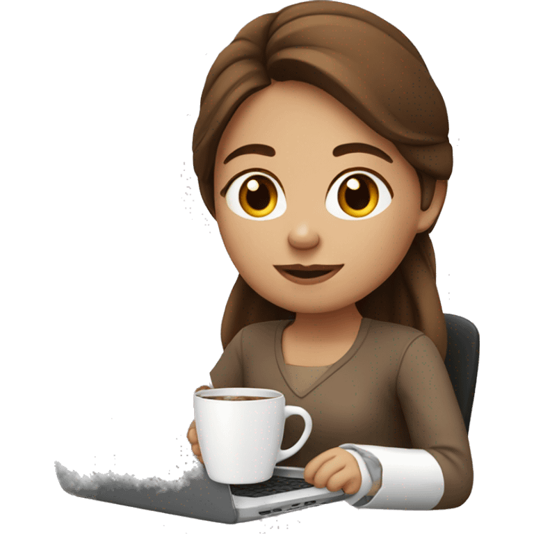 cute girl with brown hair working on laptop and drinking coffee emoji