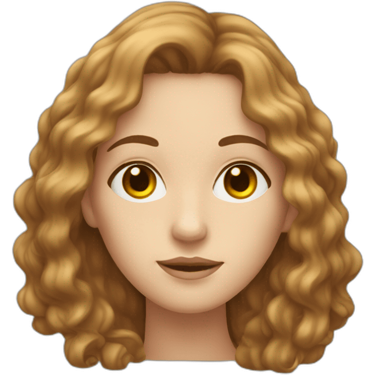 A white woman with brown wavy hair, a strand of hair covering the left eye. emoji