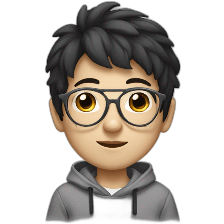 young boy with korean style black hair / big nose/ grey hoody / white glasses / white glasses emoji