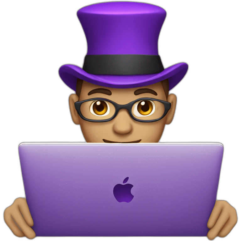 light skin magician with a purple magic hat working on a macbook emoji