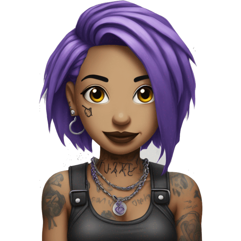 Woman with lots of tattoos abd piercings, wearing a metal band shirt, purple hair emoji