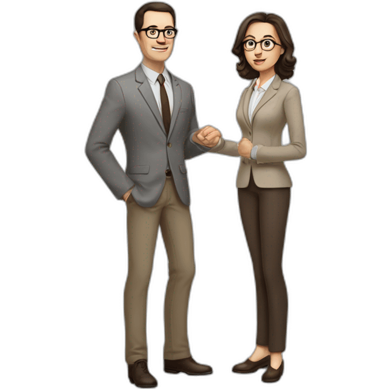 Full height Actively gesturing with hands Pale skinned fit man with dark brown hair in gray jacket, beige office shirt, brown tie, brown pants and vintage glasses. emoji