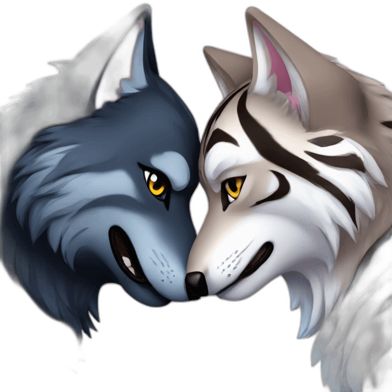 Black wolf with blue eyes kissing gray tiger with pink eyes emoji