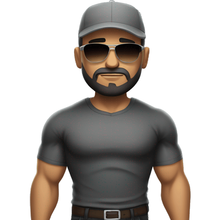 Bald Mexican young man with round face a dark beard baseball cap and dark cool sunglasses looking tough huge muscles emoji