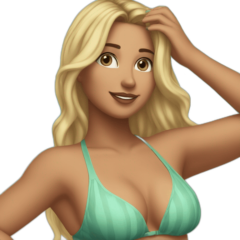 Slim-thicc Caucasian woman bikini hands in hair pose (beach body) emoji