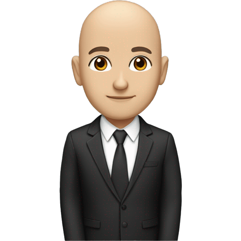 light skinned bald teacher with brown eyes wearing a black suit and a tan tie with a geometric pattern. teacher also wearing headphones and no glasses emoji