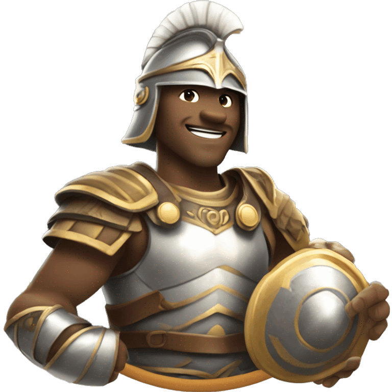 A gladiator in light armor and a helmet, extending a scroll as if offering a gift, with a friendly and relaxed smile.

 emoji