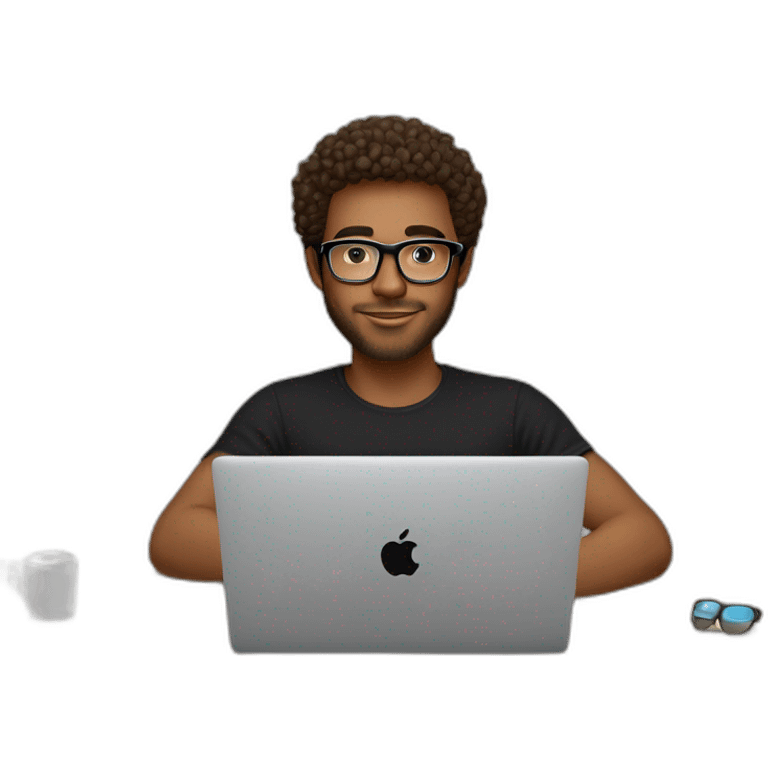 Young man with a short beard and short curly hair, slightly tanned, wearing a black tshirt and transparent oval glasses, wearing an apple watch and working on a macbook pro emoji