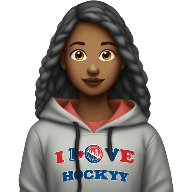 Realistic teen girl wearing a hoodie that says I love hockey dads emoji