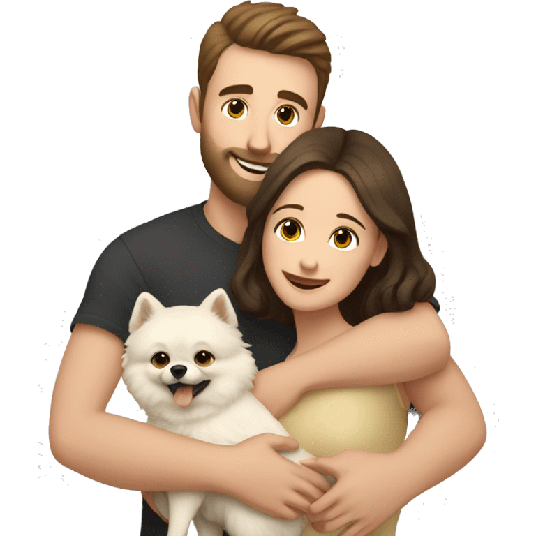 Young white man with short dark brown hair with a small beard hugging his white wife with dark brown hair and both of them hugging a beige and white Pomeranian  emoji