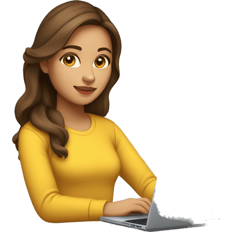 software engineer female with apple laptop in front of her, facing the left side while looking at her laptop. very long wavy brown hair, brown eyes, tan skin, yellow sweatshirt, no glasses emoji