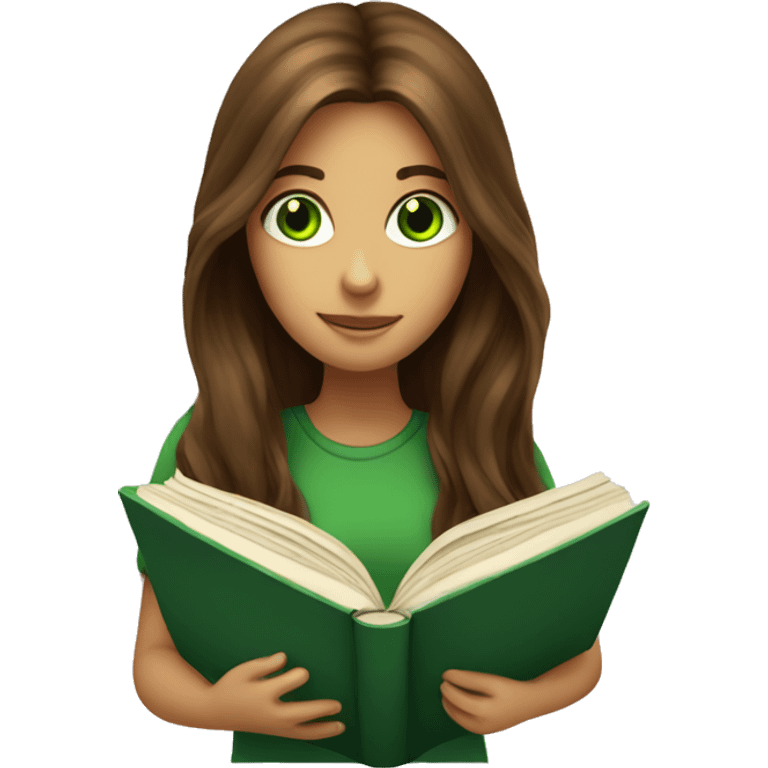 Brown long haired and green eyed girl reading a book emoji