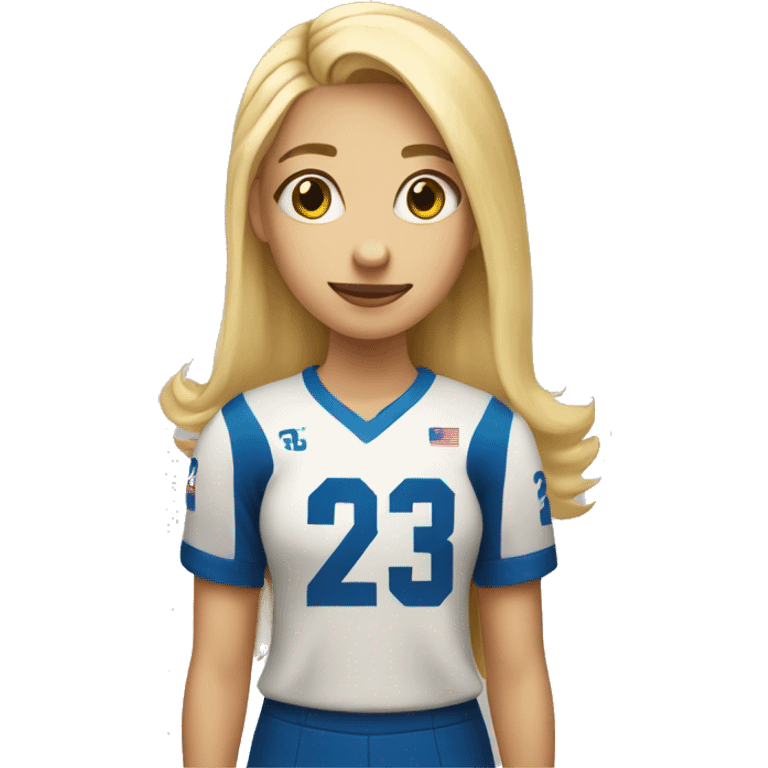 A girl with blonde hair wearing a shirt with the number 23 on it and with a volleyball in her hand emoji