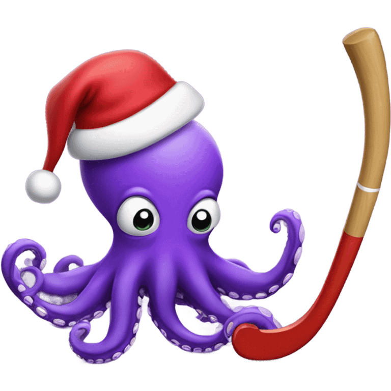 purple octopus wearing red santa hat, holding a hockey stick emoji