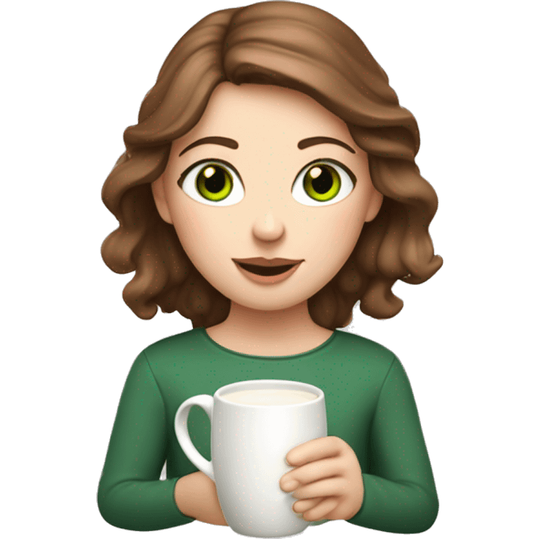 White girl with greenish eyes and brown hair drinking milk from a artisanal ceramic mug with little flowers emoji