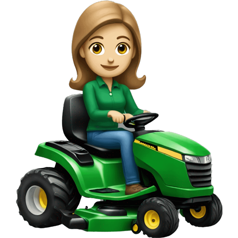 white woman with brown hair on a john deer lawnmower emoji