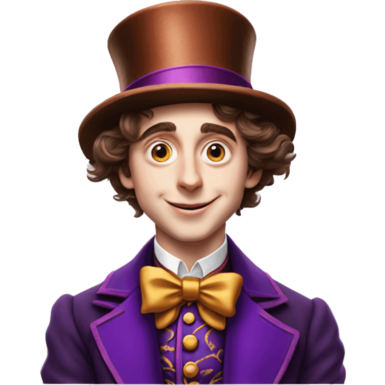 Timothée Chalamet as Willy Wonka, high cheek bones, large face, hat emoji