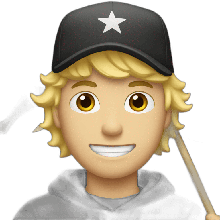 A blond guy with a black cap holding a flag that says ratio. emoji