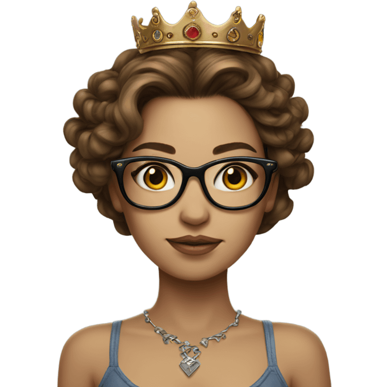 Hyperrealistic beautiful  girl, wearing a crown and glasses with tattoos, with long brown hair  emoji