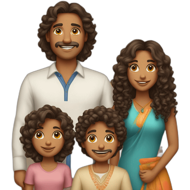 indian family with one daughter curly hair mom curly hair dad straight hair and one son straight hair emoji