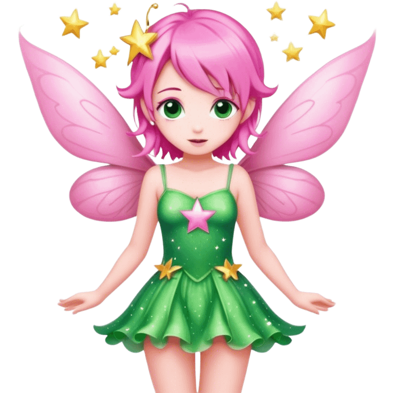 pink fairy with pink hair and pink wings in green dress sparkle stars emoji