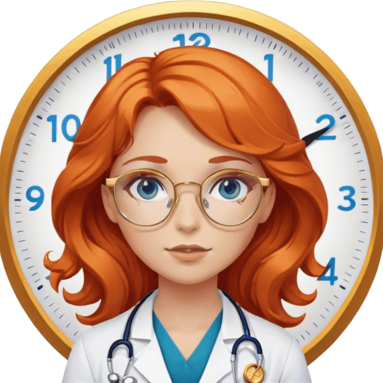 Girl doctor wavy orange red hair blue eyes in gold glasses , a clock nearby emoji