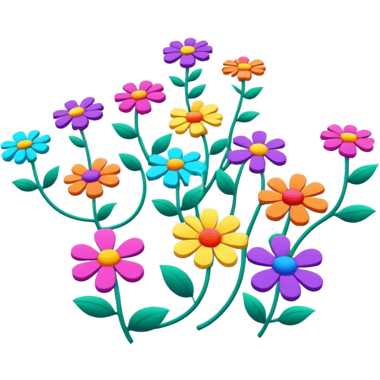 3D, psychedelic colored hippie style flowers in a line  emoji