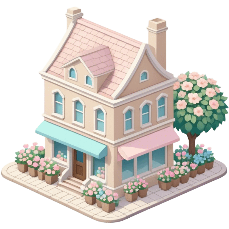 isometric exterior little beige and white bookshop with abundant pastel florals everywhere emoji