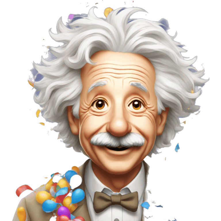 happy albert einstein with lots of colourful confetti and party balloons emoji