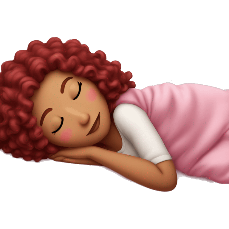 gorgeous white woman with long burgundy curly hair sleeping on pink princess bed emoji