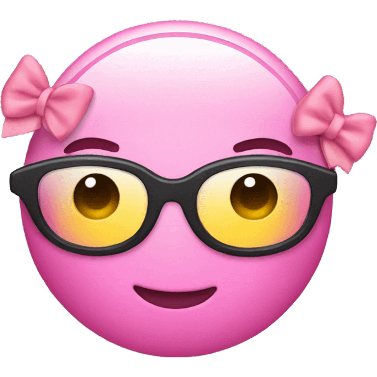 Pink round emoji smiley with black nerd glasses and bow on top of head  emoji