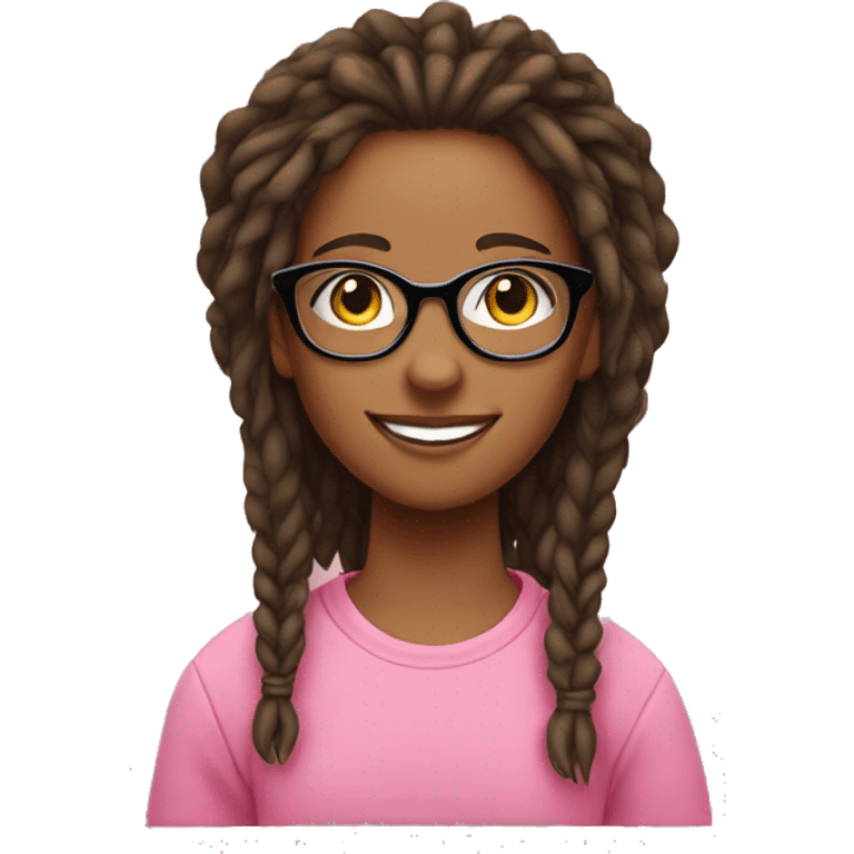 A girl with dreadleys in glasses and a pink sweatshirt with a cute smile emoji